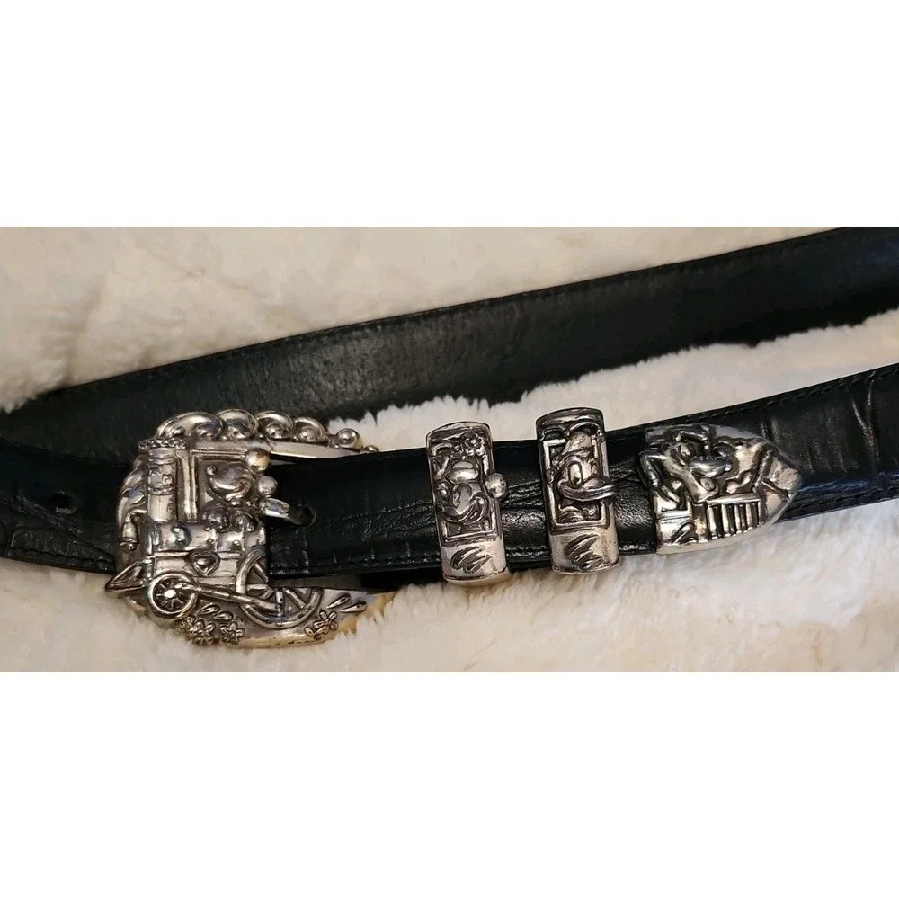 Vintage Brighton Disney Mickey & Co Black Leather Belt Train Buckle Sz 28 3003M